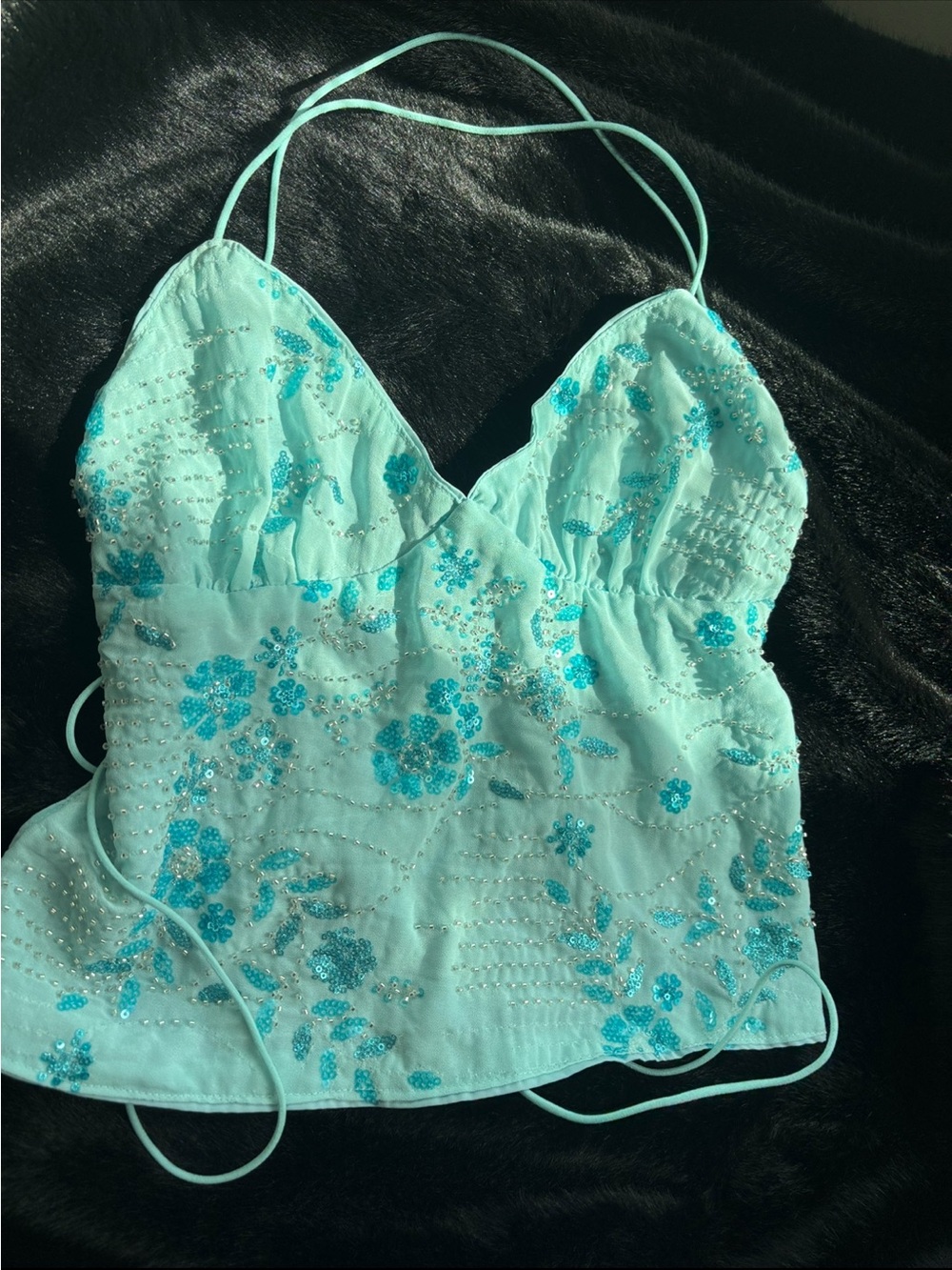 Mint Blue Beaded Sequin Fairy Coquette Halter Top ✨🩵 Y2K Festival Going Out